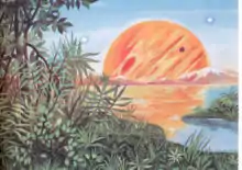 Au premier plan, de nombreuses plantes vertes. Derrière, une grande étendue d'eau. Le ciel est occupé majoritairement par Jupiter, très orangée, et d'autres lunes.