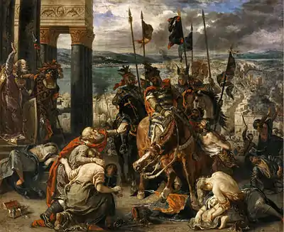 Peinture représentant des chevaliers s'emparant d'une ville devant des hommes agenouillés.