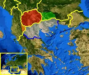 Carte représentant la grande Macédoine surimposée aux frontières modernes