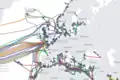 Les télécommunications font partie intégrante de l'anthroposphère. Ici : câbles de l'Internet mondial partants et arrivants en Europe.