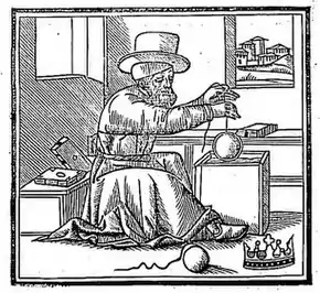 Gravure en noir et blanc montrant une expérience de physique.