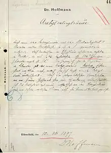 Protocole de laboratoire de Felix Hoffmann du 10 août 1897