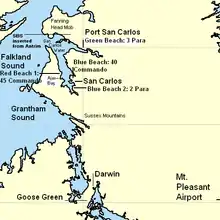 Lieux de débarquement britannique dans la baie de San Carlos, pendant la guerre des Malouines