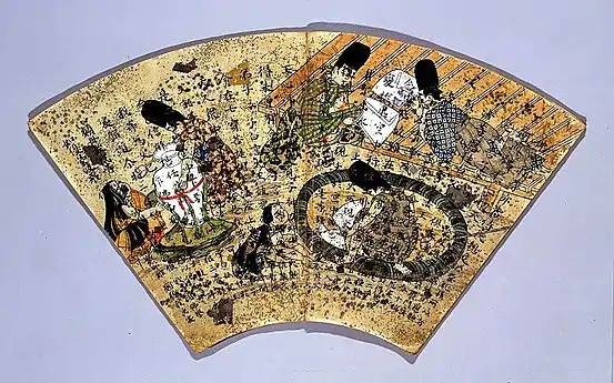 Sûtra du Lotus, livre en forme d'éventail, 22 pages. XIIe&nbsp;siècle. Gravure et couleurs sur papier, L. 25&nbsp;cm. Musée national de Tōkyō.