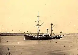 Brick-goélette de la marine française Fanfare à deux mâts de classe Chacal en service de 1869 à 1890, 43,45&nbsp;m de long, 500&nbsp;t. de déplacement