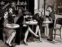 Une toile de Caroline Cavalier représentant des femmes en noir et blanc à une terrasse de café. Le serveur attend sur le côté, une serviette à la main.