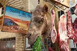 Affichage d'une tête&nbsp;(it) de dromadaire près de Bab Boujloud, à Fès, au Maroc.