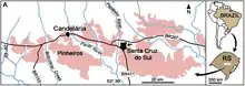 Carte montrant les zones datant du Trias moyen à tardif des villes de Candelária et de Santa Cruz do Sul. Le lieu de découverte de deux spécimens de Bonacynodon sont indiqués vers la gauche de la carte.