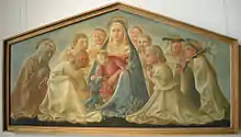 Tableau de la Vierge tenant Jésus dans ses bras, entouré de plusieurs enfants et d'une vieille femme