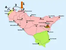 Carte montrant les positions romaines, puniques et syracusaines en Sicile entre 248 av. J.-C. et 241 av. J.-C.