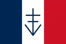 Drapeau bleu-blanc-rouge avec une croix de Lorraine plantée dans un V bleus sur la bande verticale blanche