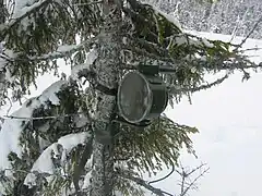 Dissimulée dans un sapin au bord de la route, la mine antichar suédoise Bofors Frdm 14 génère un noyau capable de perforer 60&nbsp;mm d'acier à blindage à une distance de 30&nbsp;m.