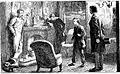 homme bien habillé, dos à la cheminée, devant lui le maître d'école en vêtements plus humbles; chapeau à la main, et légèrement en retrait, le jeune homme affichant un air déterminé