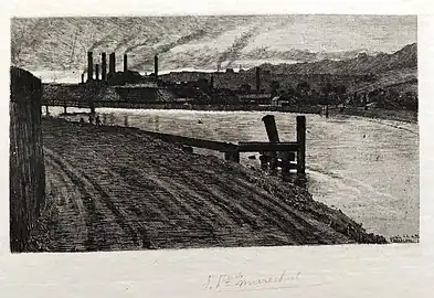 Les hauts-fourneaux d'Ougrée, 24 avril 1891 (Eau-forte ; Inv. Kunel no&nbsp;82 ; 12,8 x 20,5 cm), Collection privée