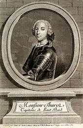Gravure représentant en médaillon un homme jeune en buste, portant perruque.