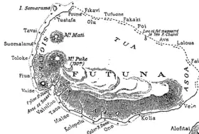 Carte de Futuna du début du XXe&nbsp;siècle ; le mont Puke se trouve dans l'ouest de l'île.