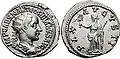 Monnaie de l'empereur romain Gordien&nbsp;III (de profil sur l'avers) portant une couronne rayonnante.