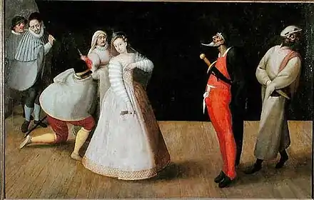 Peinture. Sur une scène de théâtre, sept acteurs déguisés et masqués sont en représentation