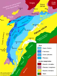 Carte géologique simplifiée des unités structurales du massif du Jura.