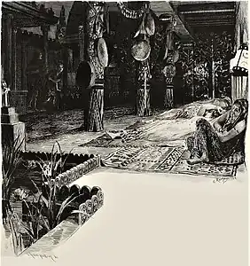 Mâtho et Spendius tentent de pénétrer dans le temple de Tanit. Gravure de Champollion d'après Rochegrosse, 1900.