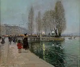 Genève. Journée d'hiver au lac Léman (Île Rousseau), huile sur toile, 55 × 65 cm.