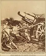 Artilleurs allemands mettant en batterie un mortier de 210&nbsp;mm modèle 1910.