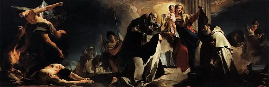 Notre-Dame du Mont-Carmel avec saint Simon Stock, Sainte Thérèse d'Avila,Saint Albert de Verceil, le prophète Élie et les âmes au purgatoireGiambattista Tiepolo, 1745Pinacothèque de Brera, Milan