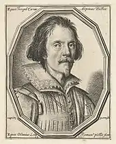 Gravure représentant un homme, portant barbichette et moustache, vêtu d'un rabat.
