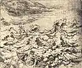 Gravure, bateau combattant les vagues.