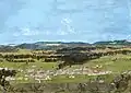 Au premier plan, un muret avec fleurs et buissons. En second plan, les maisons composant le village de La Chaux-de-Fonds. On distingue les chemins qui desservent les bâtiments situés en périphérie. Dans le fonds de la vallée s'esquisse une grand-rue qui aligne les constructions vers l'ouest et qui deviendra plus tard l'avenue Léopold-Robert. En arrière-plan, les forêts de sapins et la chaîne jurassienne.