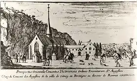 Le couvent des Augustins dans le faubourg médiéval du Bourg-aux-Moines. Gravure du XVIIe&nbsp;siècle.