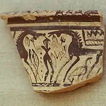 Poterie géométrique grecque, VIIIe&nbsp;siècle&nbsp;av. J.-C. Sacrifice de chevaux.