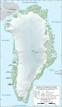 Carte des épaisseurs de l'inlandsis du Groenland ; GISP2 indique le site principal du Greenland Ice Sheet Project où a été extraite une carotte de glace de trois kilomètres de longueur.