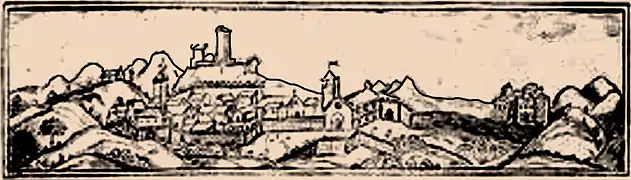 Malaucène et le monastère du Groseau, gravure du XVIe&nbsp;siècle