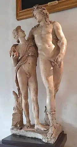 Bacchus et un satyre, parfois identifié comme Ampélos(en) Francesco Lumachi, Florence: A new illustrated guide, historical artistic, anecdotical of the city and its surroundings, Società Editrice Fiorentina, 1935 (lire en ligne), p.&nbsp;664. (Florence, musée des Offices).