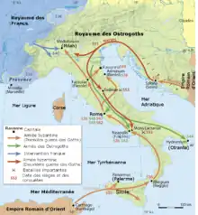 Carte de la guerre des Goths, en bas à gauche une légende en français