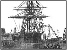 Le HMS&nbsp;Resolute en 1856 lors de son retour en Angleterre et dont le bois a servi à la construction du bureau.