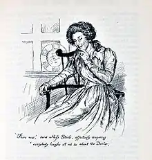 Gravure N&B.Jene femme assise, l'air de divulguer un secret