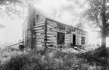 Photographie d'une cabane en rondins entourée d'herbes hautes