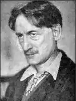 Photo en noir et blanc en buste d'un homme visage mince, cheveux bruns, grand nez.