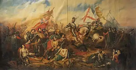 Scène de bataille. Au premier plan de nombreux morts et blessés. Au centre, un homme cuirassé à cheval, un panache blanc sur le casque, entouré de cavaliers.