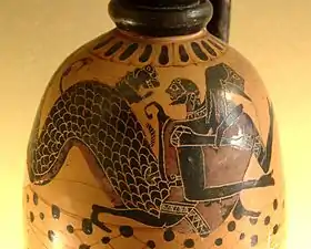 Héraclès et Nérée, lécythe à figures noires, v.&nbsp;590–580 av. J.-C., musée du Louvre (CA 823)