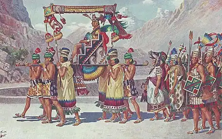 Lointain et seigneurial comme les sommets enneigés des Andes, un prince inca se rend à Cuzco sur les épaules de ses hommes. Hergé reprend entièrement le costume du « prince inca » pour habiller l'Inca, dont les pendants d'oreilles erronés, et s'inspire de celui d'un des hommes chargés de lui faire de l'ombre pour créer les habits du Grand prêtre du Soleil. Il en tire aussi la tenue des gardes, leurs casques à plumes, leurs lances, leurs cuirasses et leurs sandales,. Il reprend le couvre-chef à effigie de grenouille du premier homme suivant le prince pour en coiffer Tournesol au bûcher. Les costumes lui servent également pour la séquence de rêve dans la chulpa,.
