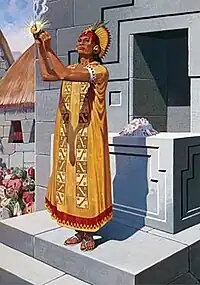 « Soleil, donne-nous le feu pur et sacré ». Ce grand-prêtre inca inspire le costume et la posture de Chiquito implorant le Soleil pour le bûcher,.
