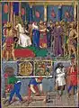 Jésus devant Pilate sur un trône entouré de soldats et en-dessous  les larrons sortant d'un cachot.