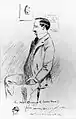 Caricature d'un homme assis sur une chaise, vu de profil.