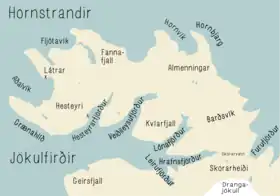 Carte de la péninsule de Hornstrandir.