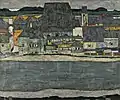 Peinture montrant une étendue horizontale d'eau grise et des maisons au second plan