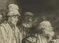  Érasme et Socrate sont tournés vers le Christ, vers la droite du spectateur. Érasme porte un chapeau, tandis que Socrate a le crâne dégarni et une barbe fournie.
