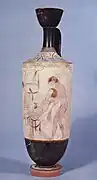 Hypnos et Thanatos emportant le corps d'un défunt, lécythe à fond blanc du peintre de Thanatos, v.&nbsp;440 av. J.-C., British Museum.